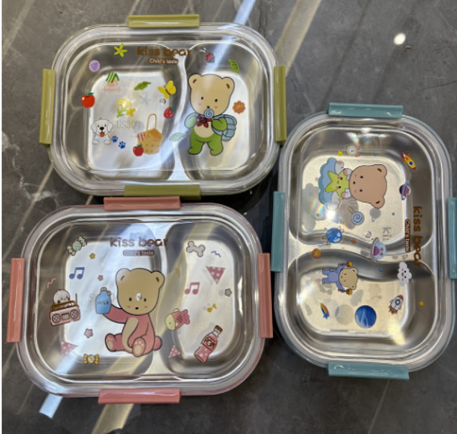 卡通小熊分隔不锈钢饭盒 学生便携密封分格餐盒 可爱便当盒多图案详情3