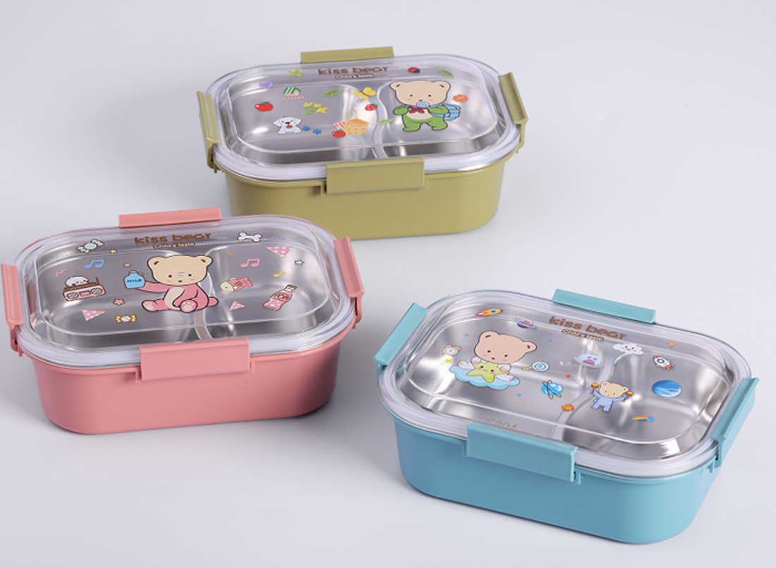 卡通小熊分隔不锈钢饭盒 学生便携密封分格餐盒 可爱便当盒多图案详情2