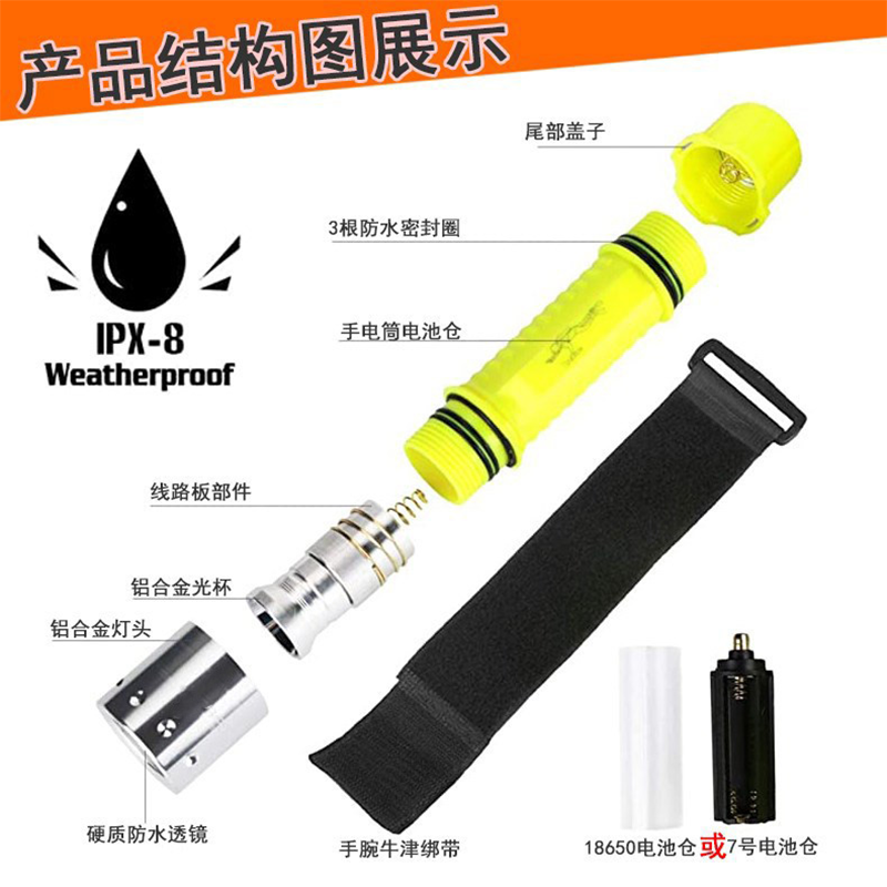 Outdoor diving flashlight LED diving T6 strong light long-range professional flashlight, household 18650 battery lighting lamp Specification image