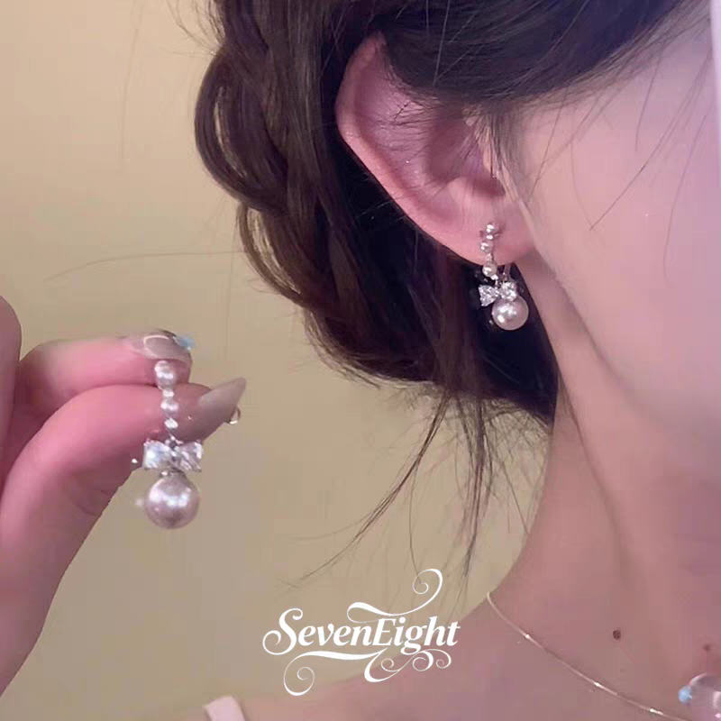 蝴蝶结珍珠流苏耳环女2025新款爆款高级感耳钉小众设计感耳饰耳坠白底实物图