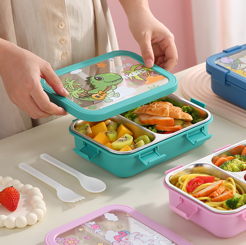 宇航员独角兽卡通双格饭盒 学生便携分隔不锈钢便当盒 带餐具可爱餐盒详情4