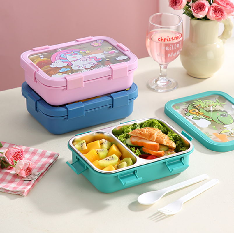 宇航员独角兽卡通双格饭盒 学生便携分隔不锈钢便当盒 带餐具可爱餐盒详情3