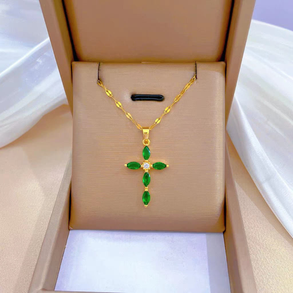 【钛钢】1轻奢气质防掉色防过敏华丽满钻十字项链网红百搭锁骨链详情图5