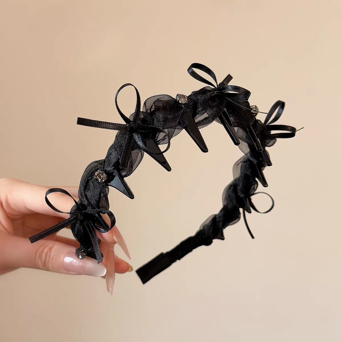 Sweet ribbon bow mesh rhinestone headband, a perfect match for summer outings, cool high head band with anti-slip teeth detail image 10
