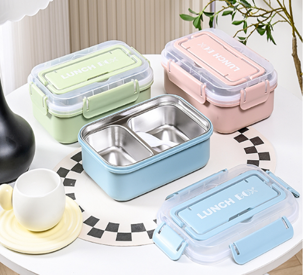 马卡龙色双格不锈钢饭盒 密封防漏便携餐盒 上班族学生分隔保鲜便当盒详情2
