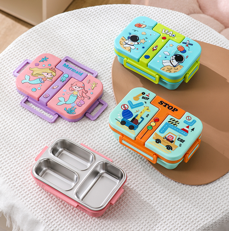 儿童卡通三格饭盒 宇航员美人鱼汽车图案 便携带提手分隔餐盒 学生可爱便当盒详情2