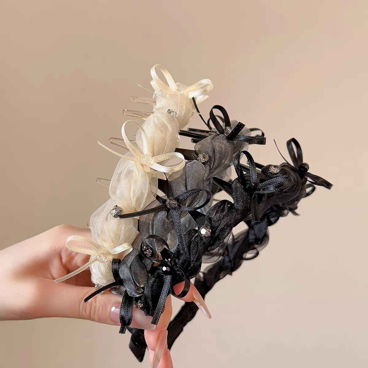 Sweet ribbon bow mesh rhinestone headband, a perfect match for summer outings, cool high head band with anti-slip teeth detail image 4