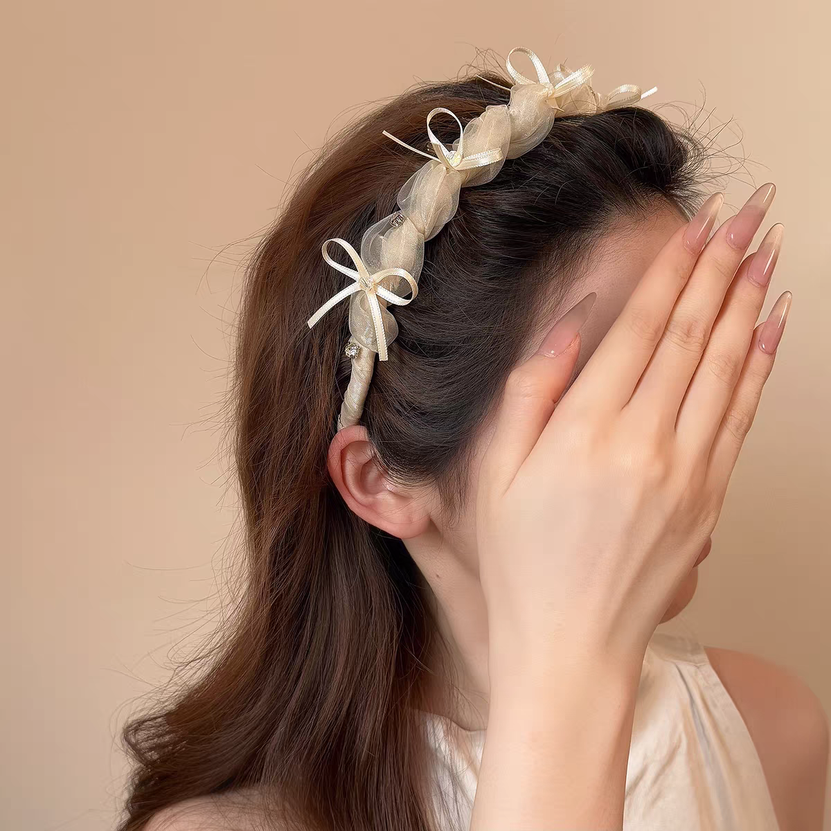 Sweet ribbon bow mesh rhinestone headband, a perfect match for summer outings, cool high head band with anti-slip teeth detail image 5