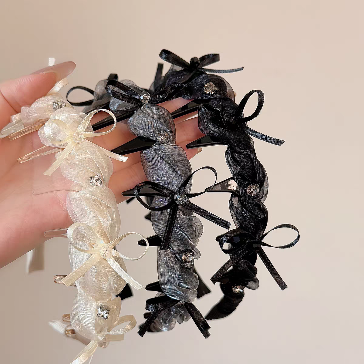 Sweet ribbon bow mesh rhinestone headband, a perfect match for summer outings, cool high head band with anti-slip teeth detail image 3