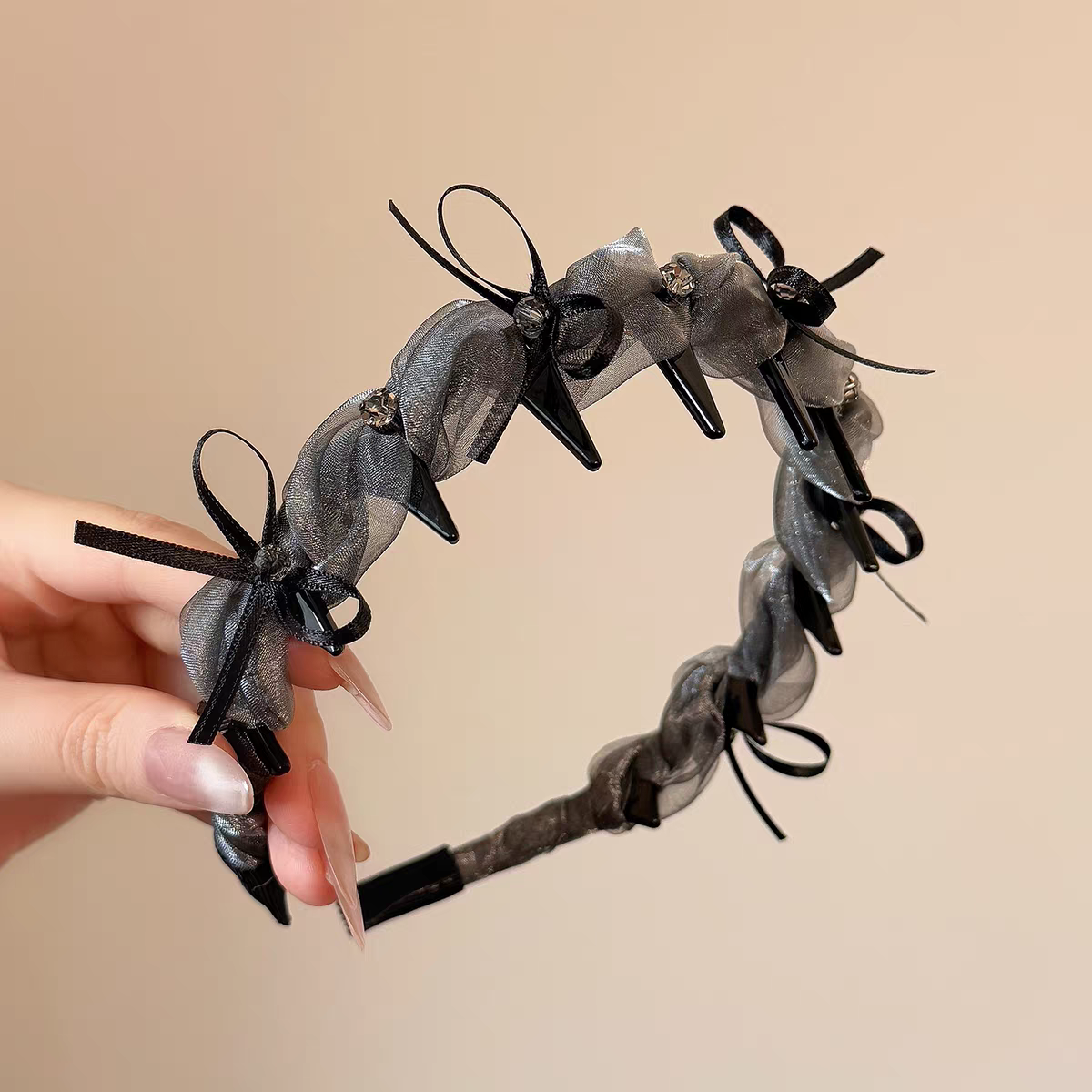 Sweet ribbon bow mesh rhinestone headband, a perfect match for summer outings, cool high head band with anti-slip teeth detail image 8