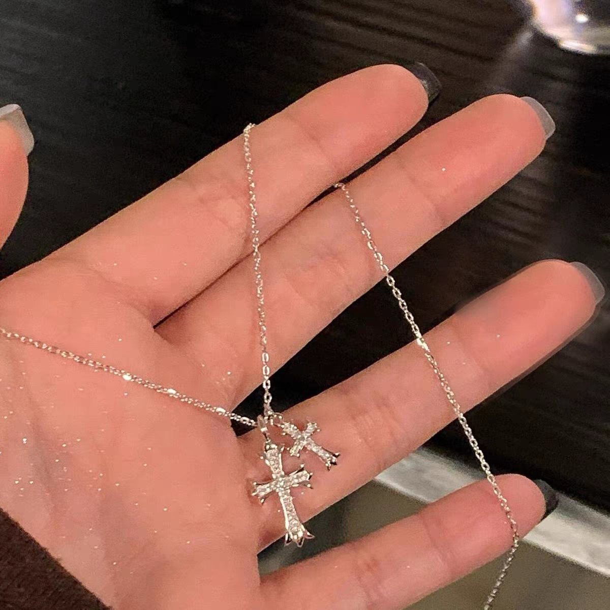 欧美复古项链锆石微镶双十字架朋克性感个性百搭毛衣链简约配饰