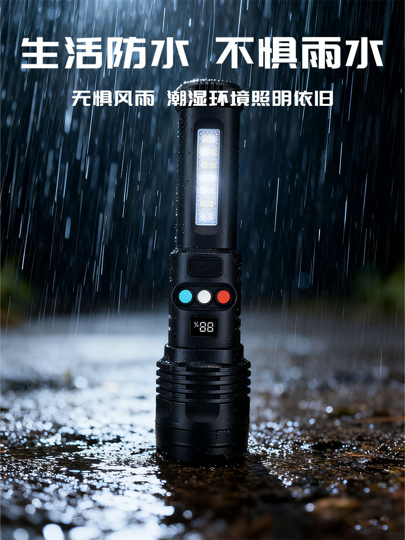 白激光三色独立开关手电筒变焦五档调节泛光侧灯笔夹Type-C充电手详情6