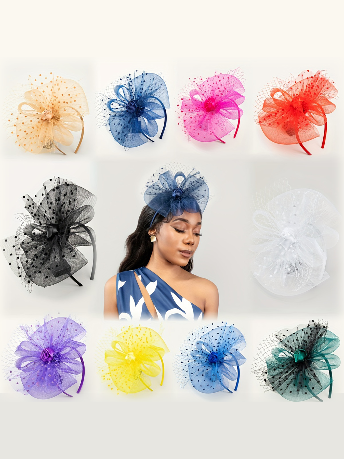 1 lady's tea party headpiece, mesh flower ribbon feather headpiece, Christmas Halloween, 1920s wedding, church dance, masquerade, cocktail party details Picture