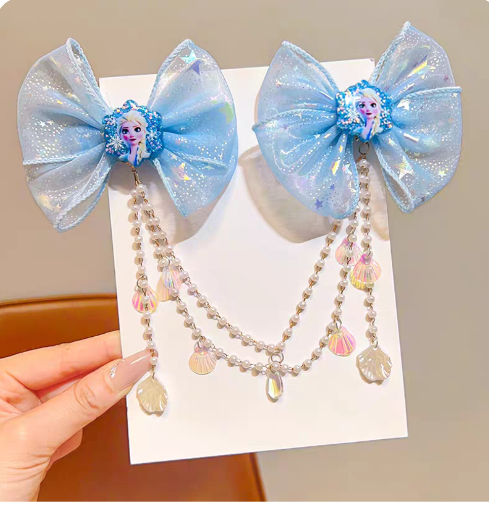 Princess Elsa hair clip, children's forehead chain, Little girl bow hair clip headwear, Girl baby tassel hair accessory Specification image