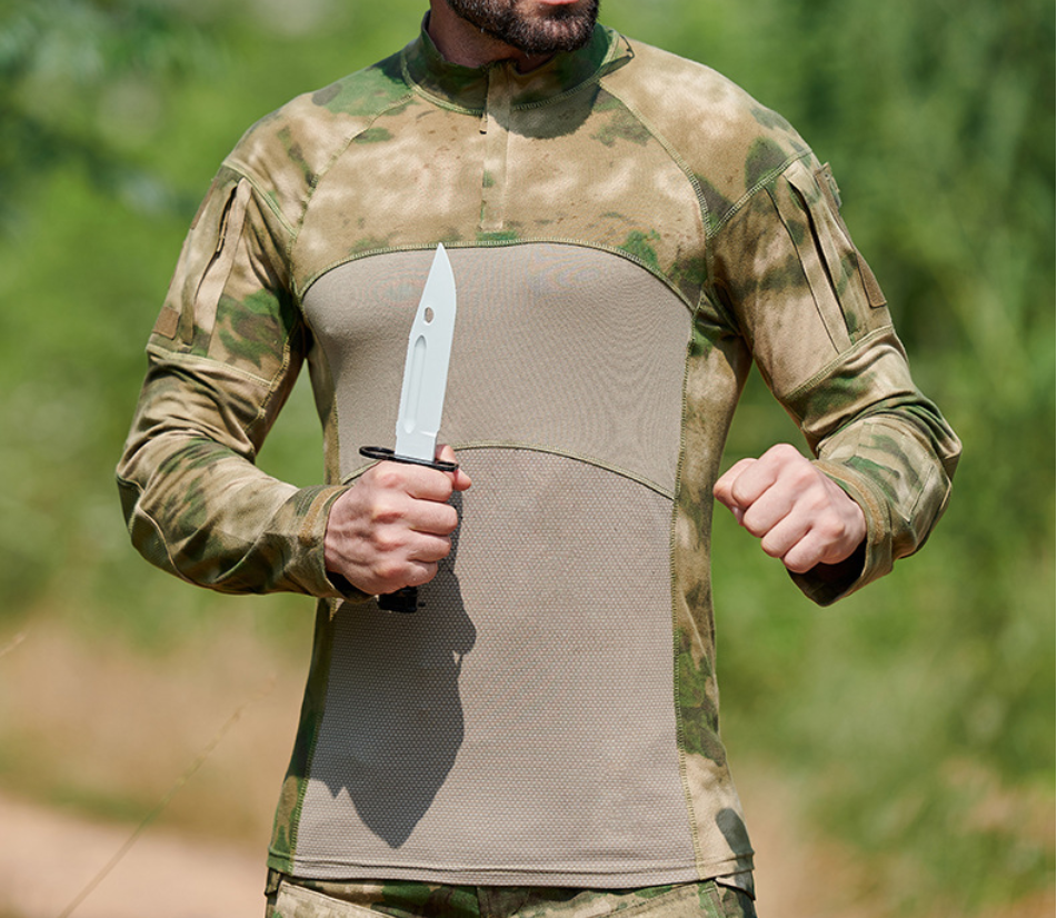 新款蛙服套装CP迷彩作训服拼接款针织战术套装服白底实物图