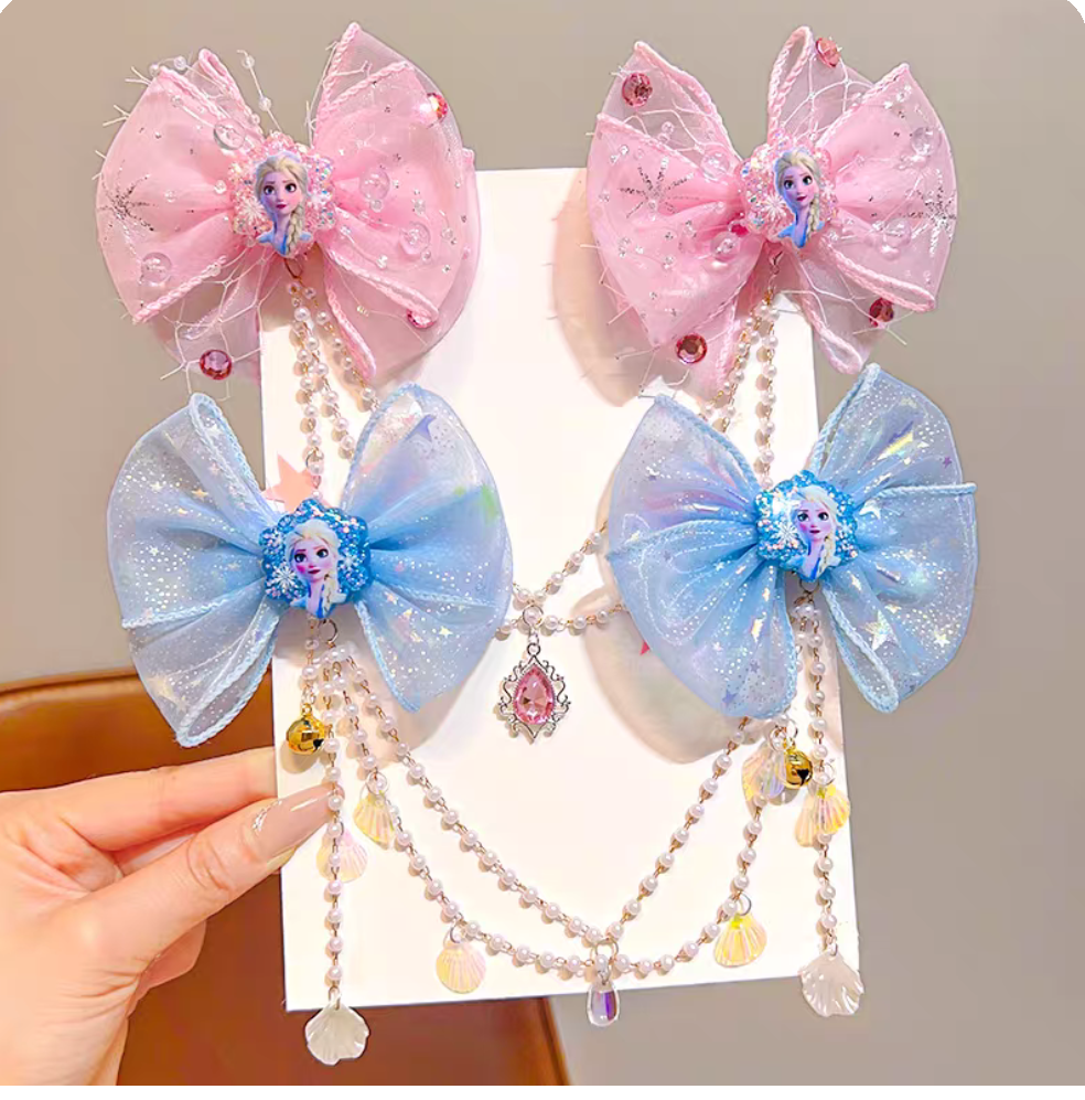 Princess Elsa hair clip, children's forehead chain, Little girl bow hair clip headwear, Girl baby tassel hair accessory details Picture