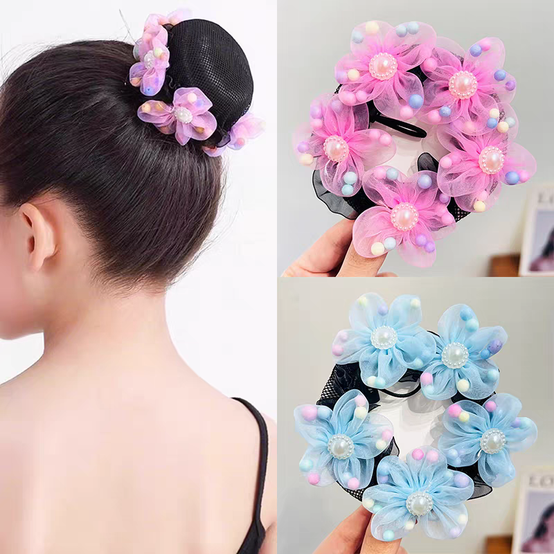 小女孩舞蹈专用发网丸子头盘发神器发圈儿童头套头花网兜女童发饰