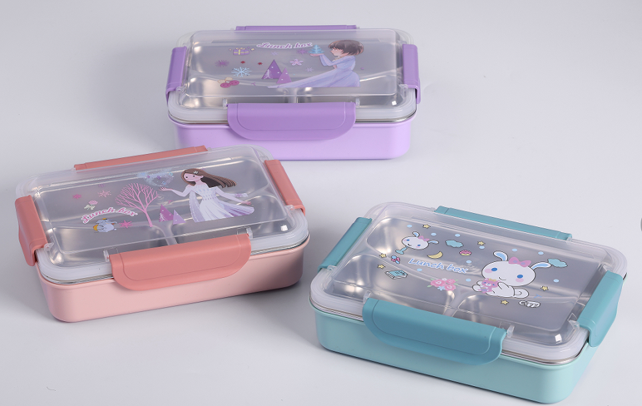 三格 304 不锈钢饭盒 粉紫卡通密封便当盒 少女心学生便携餐盒详情4