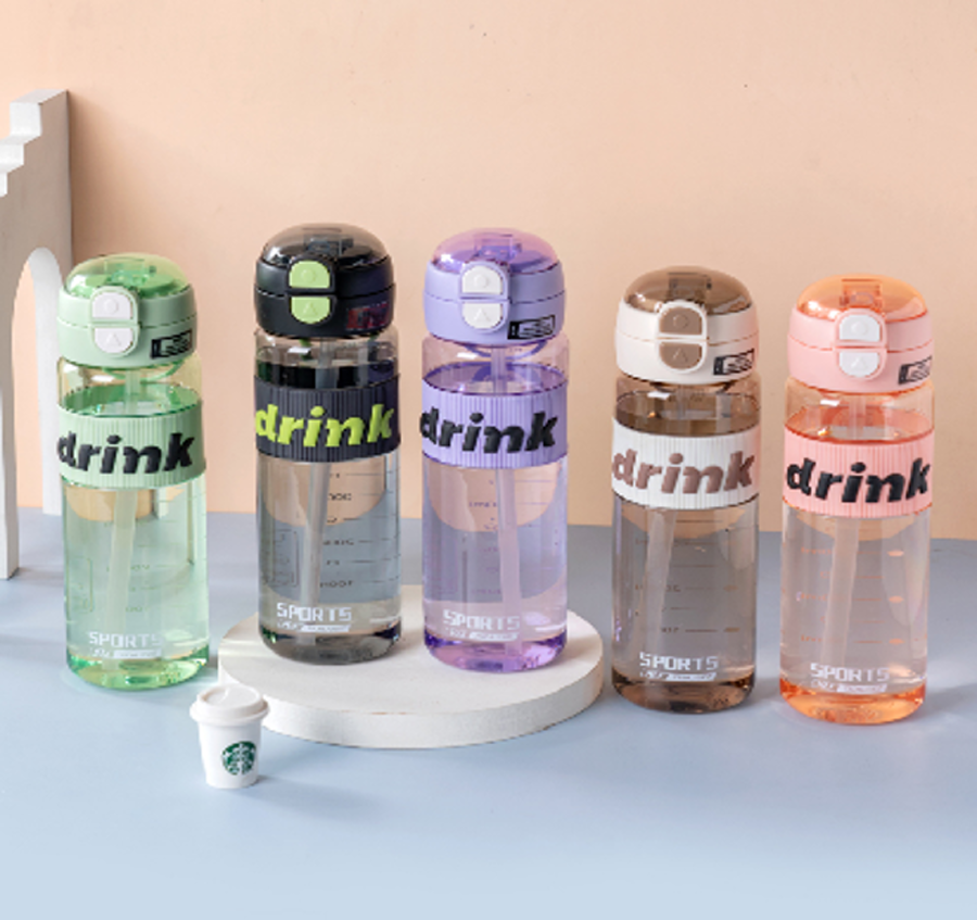【5色潮流款】DRINK带吸管运动水杯 大容量刻度便携防漏学生户外健身随手杯详情2