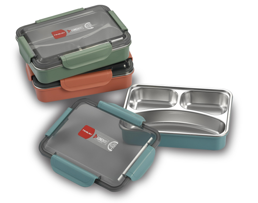 三格不锈钢分隔饭盒 多色密封便当盒 上班族简约便携带盖餐盒详情2