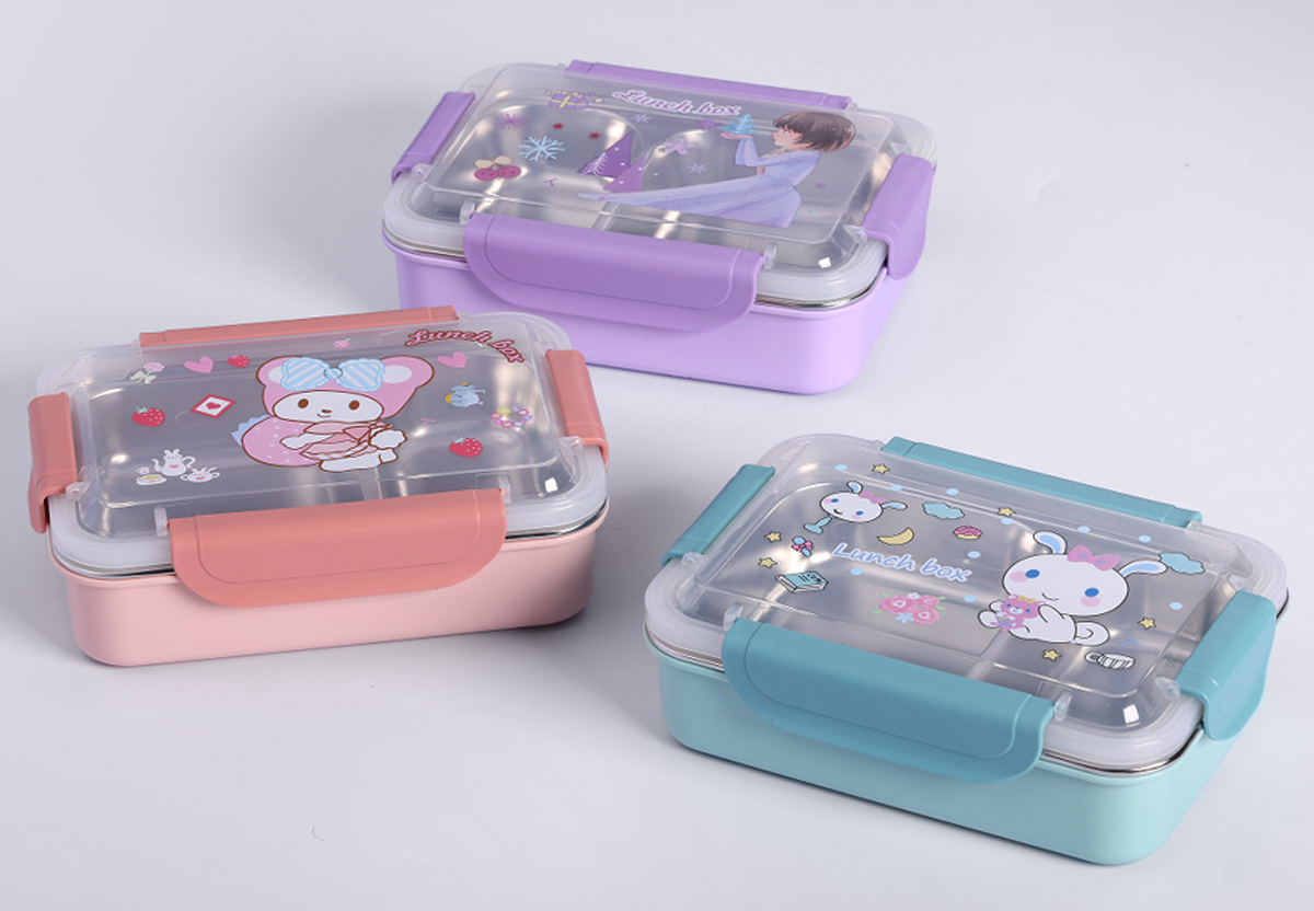 卡通多色不锈钢饭盒 双格密封便当盒 少女心学生便携餐盒详情2