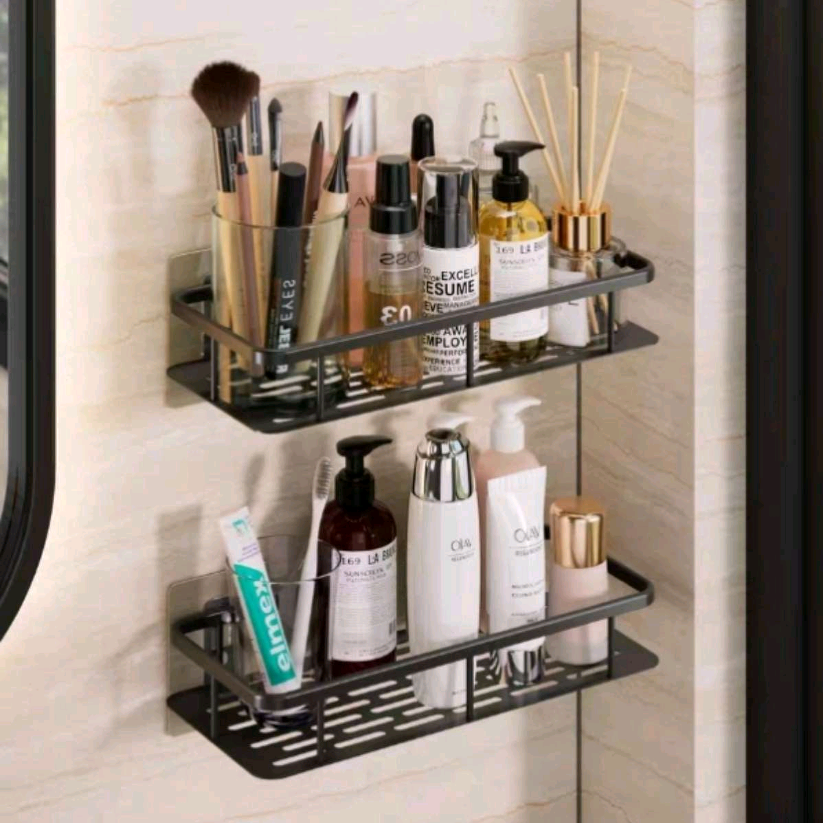 Aluminum hollow, widened, rolled edge, long seamless storage rack, no need for drilling, bathroom, long storage rack, wall-mounted toilet, washroom, shower room, wall storage and hanging rack detail image 3