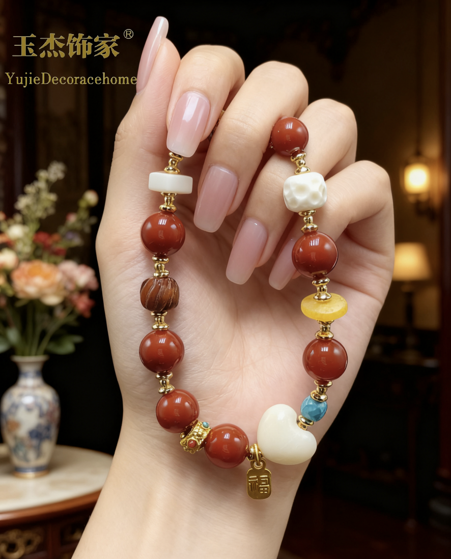 红玛瑙搭爱心根付手串时尚珠宝手链饰品女款简约手饰百搭潮流首饰礼物细节图