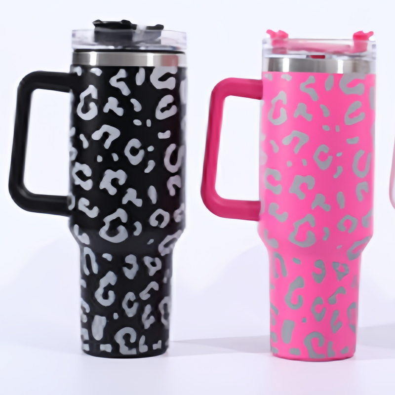 40oz leopard print handle car cup, giant insulated cup, large-capacity car straw cup, vacuum portable cup