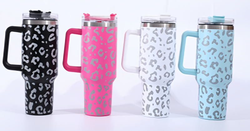 40oz leopard print handle car cup, giant insulated cup, large-capacity car straw cup, vacuum portable cup pic 1