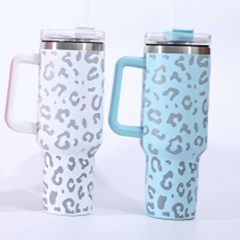 40oz leopard print handle car cup, giant insulated cup, large-capacity car straw cup, vacuum portable cup details Picture