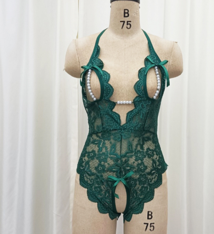 European and American women's underwear halter jumpsuit, backless ultra-thin semi-transparent lace sexy set, deep V-neck halter jumpsuit details Picture