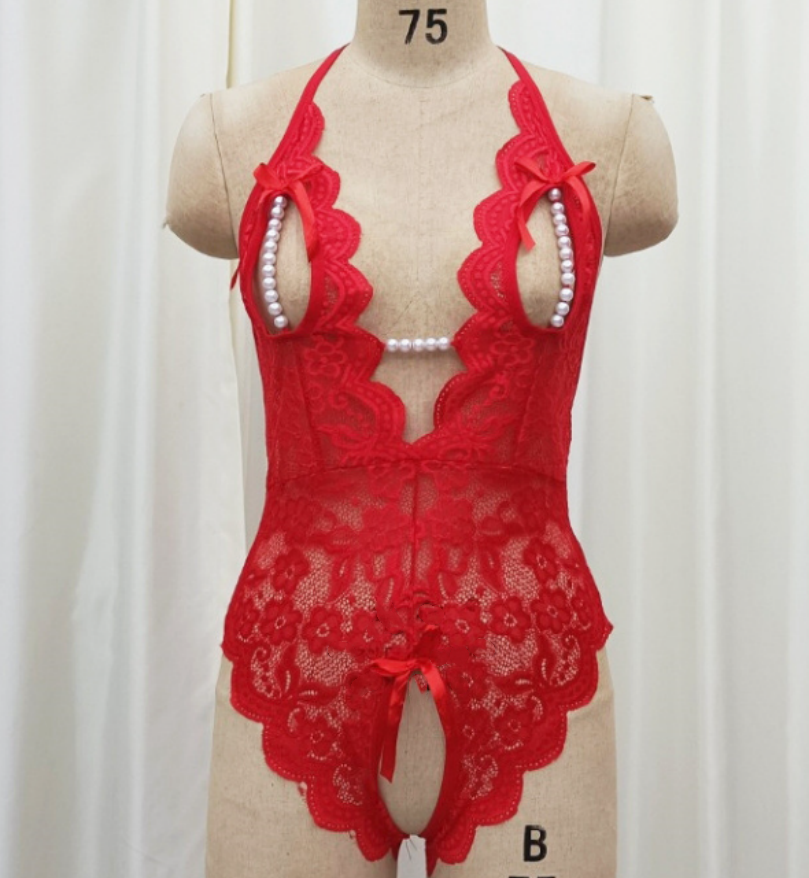 European and American women's underwear halter jumpsuit, backless ultra-thin semi-transparent lace sexy set, deep V-neck halter jumpsuit Specification image