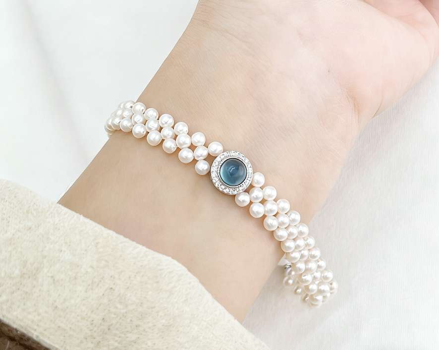 Silver Art Aquamarine high-end woven Pearl Necklace Bracelet Set, nearly round flawless round bead woven design, S925 sterling silver tail chain adjustable Application Scenario