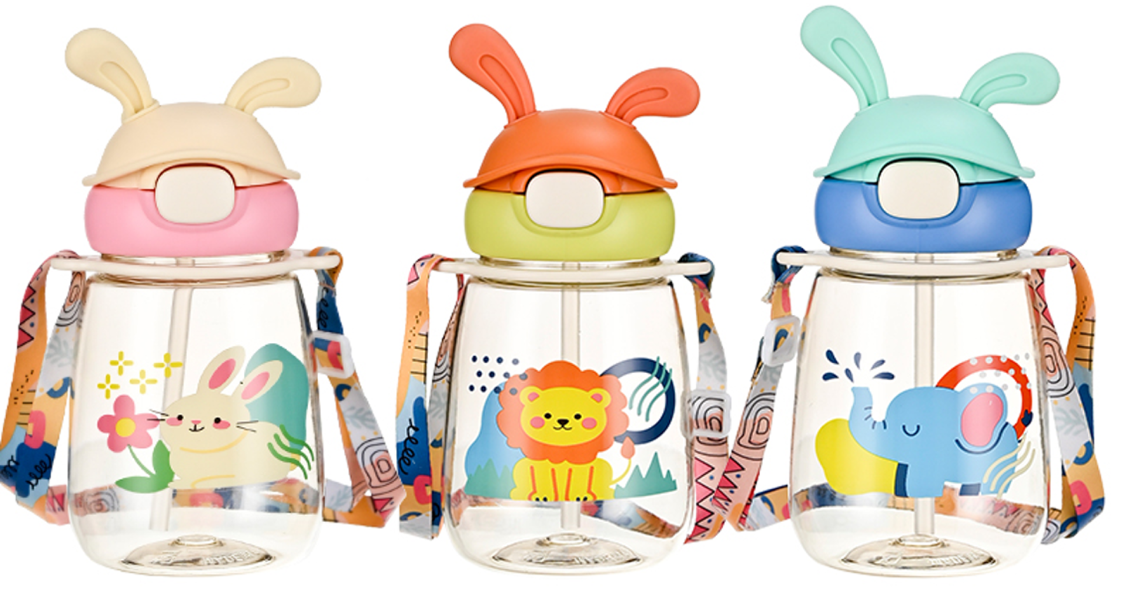 萌兔耳儿童吸管杯 带手柄背带防漏学饮杯 宝宝卡通动物便携喝水杯详情3