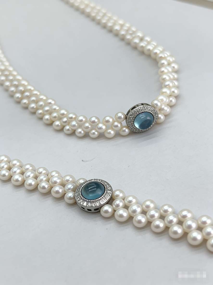 Silver Art Aquamarine high-end woven Pearl Necklace Bracelet Set, nearly round flawless round bead woven design, S925 sterling silver tail chain adjustable details Picture