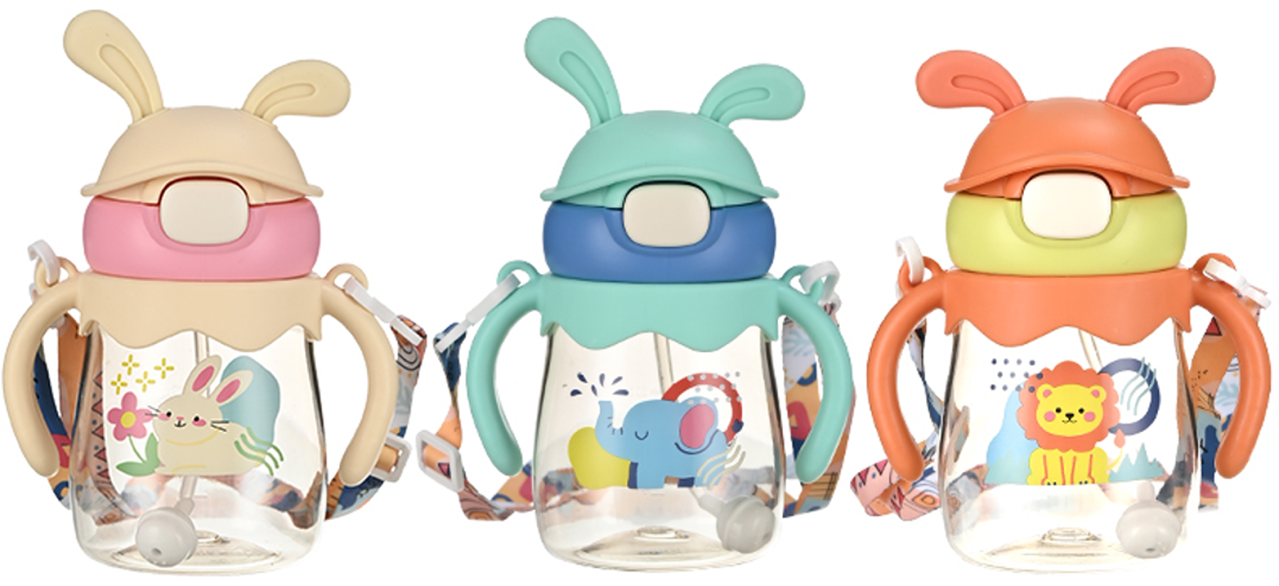 萌兔耳儿童吸管杯 带手柄背带防漏学饮杯 宝宝卡通动物便携喝水杯详情2