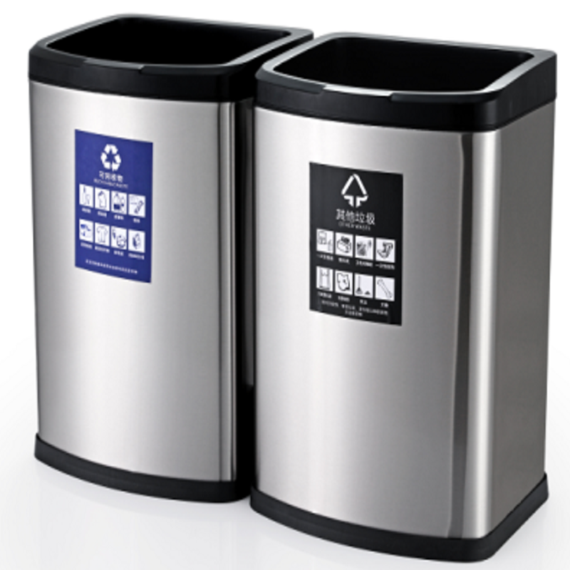 皓冠2AN连体式410不锈钢双桶垃圾桶 商用办公小区楼道防指纹分类收纳桶