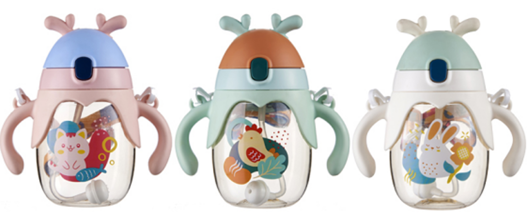 萌趣鹿角儿童吸管杯 带手柄防漏学饮杯 宝宝卡通喝水杯详情2