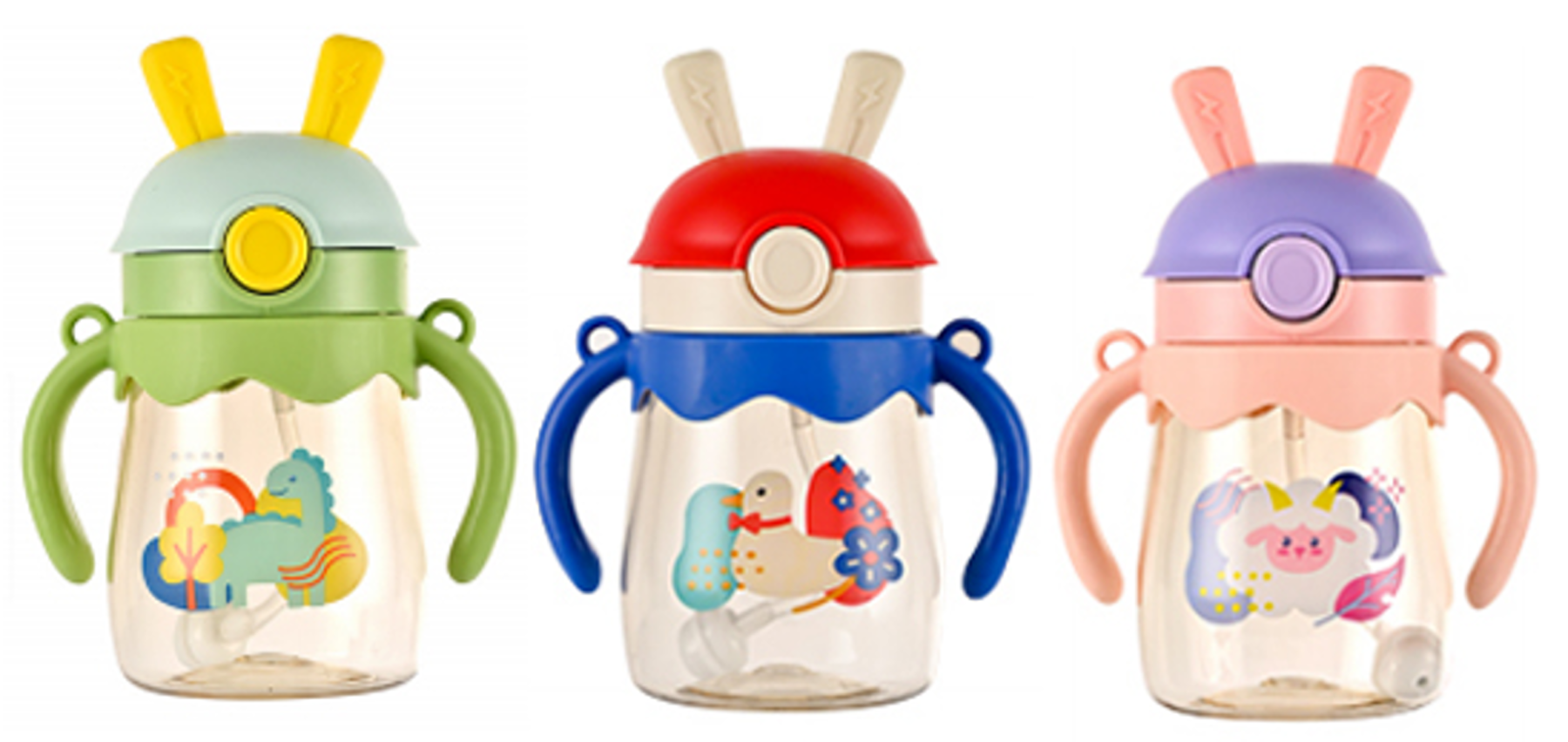 Cute and fun rabbit-ear children's straw cup with handle, leak-proof drinking cup, dinosaur, duckling, unicorn cartoon pattern, multi-color cute, durable, anti-choking, portable good for babies to drink water in kindergarten full figure