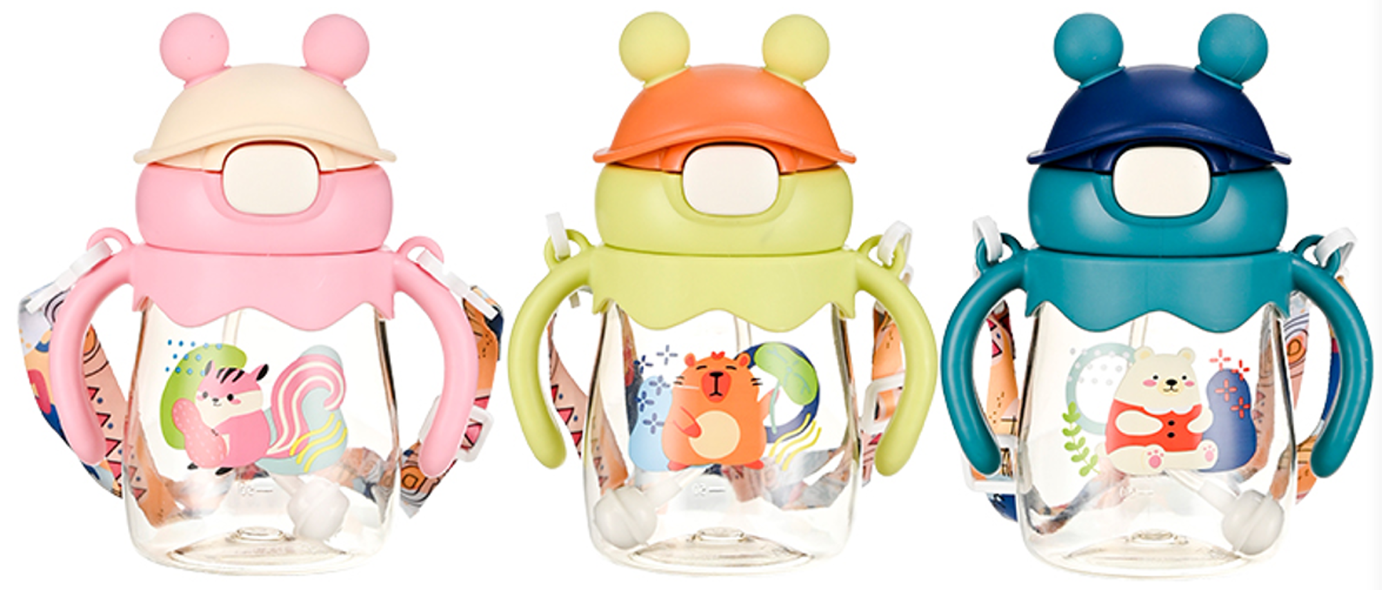 萌趣圆耳儿童吸管杯 带手柄背带 松鼠狮子小熊卡通图案 防漏防呛 多色可爱 耐摔材质 宝宝幼儿园上学喝水便携好物详情2