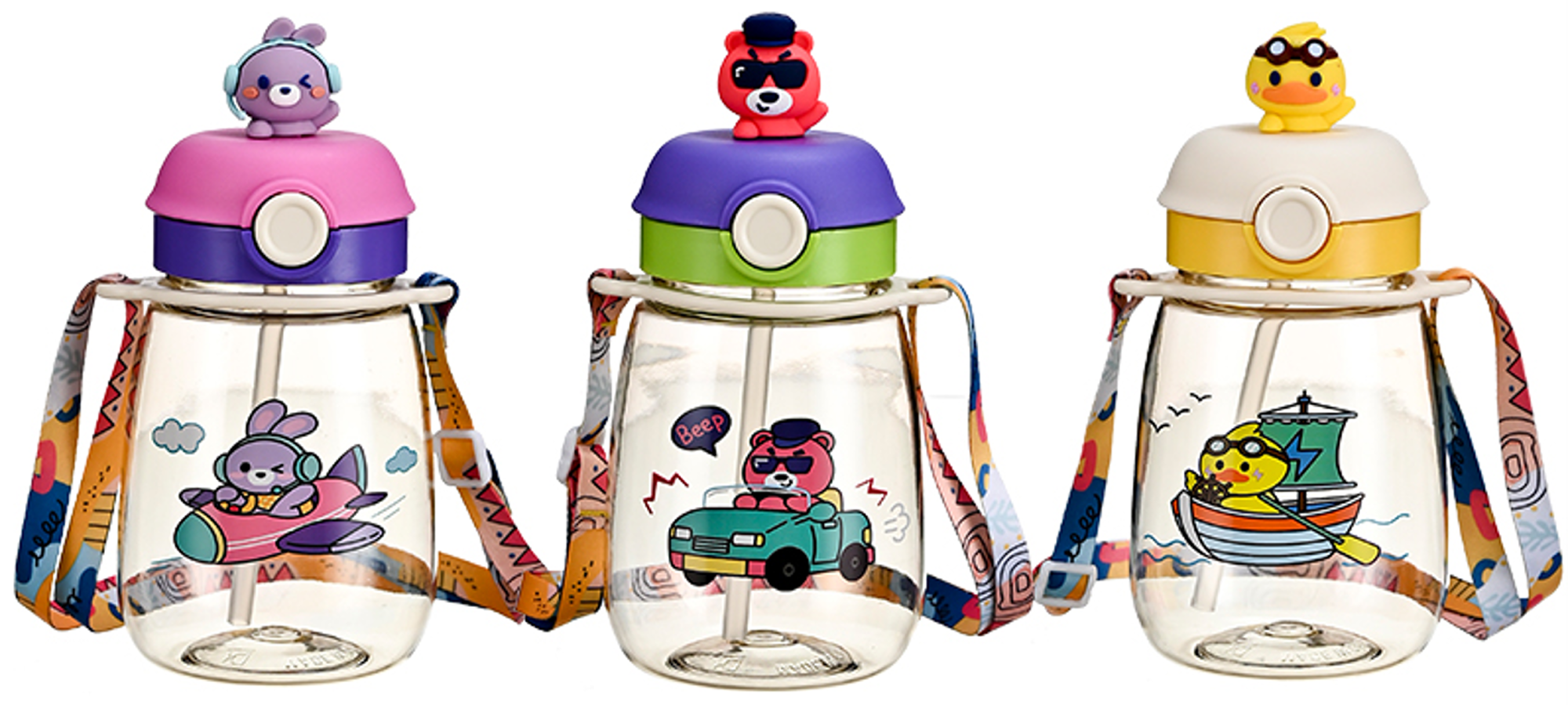 立体萌宠儿童吸管杯 兔熊鸭造型带背带 飞机汽车帆船卡通图案 防漏便携 耐摔材质 宝宝上学外出喝水趣味好物详情2