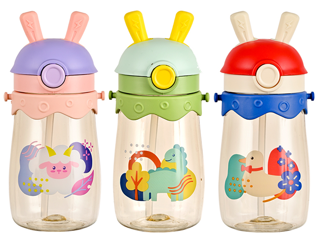 Cute and fun rabbit-ear children's straw cup with handle, leak-proof drinking cup, dinosaur, duckling, unicorn cartoon pattern, multi-color cute, durable, anti-choking, portable good for babies to drink water in kindergarten details Picture