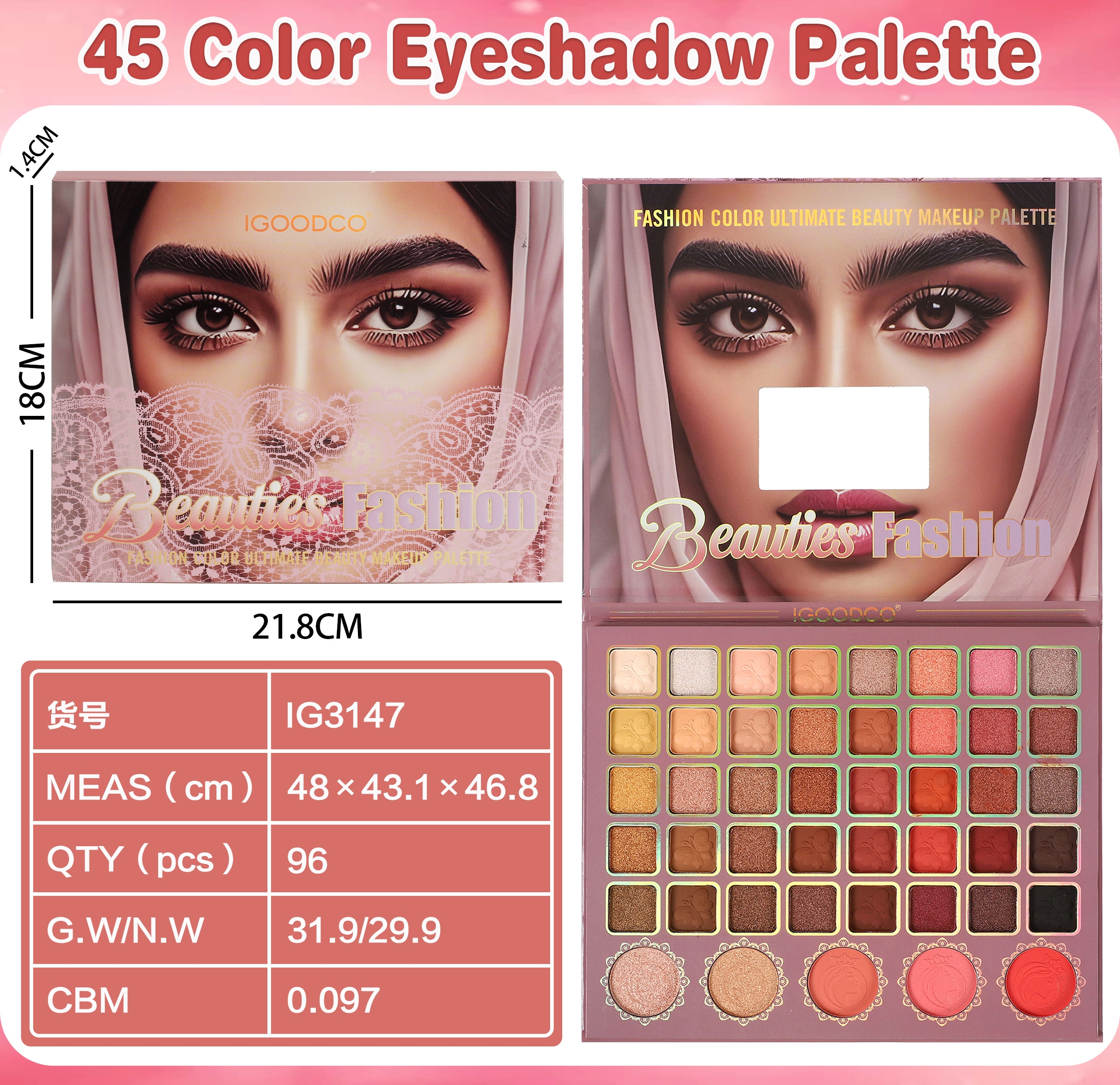New cross-border 45-color large eyeshadow palette, matte and pearlescent multi-color makeup palette, comes with a mirror, a must-have for makeup play, tanning eyeshadow makeup palette details Picture