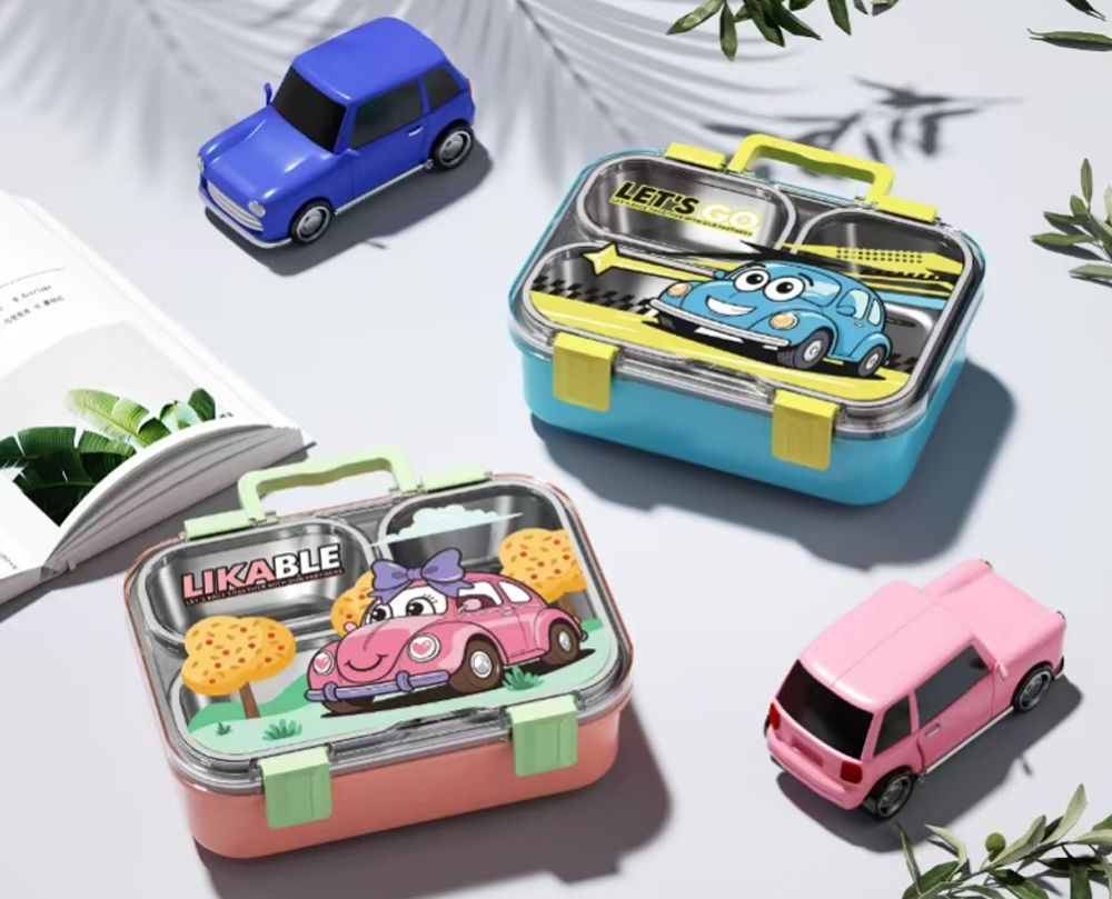 卡通汽车儿童餐盒 304 不锈钢分隔饭盒 便携可爱男女童学生便当盒详情2