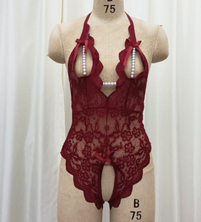 European and American women's underwear halter jumpsuit, backless ultra-thin semi-transparent lace sexy set, deep V open-crotch halter jumpsuit Item Picture