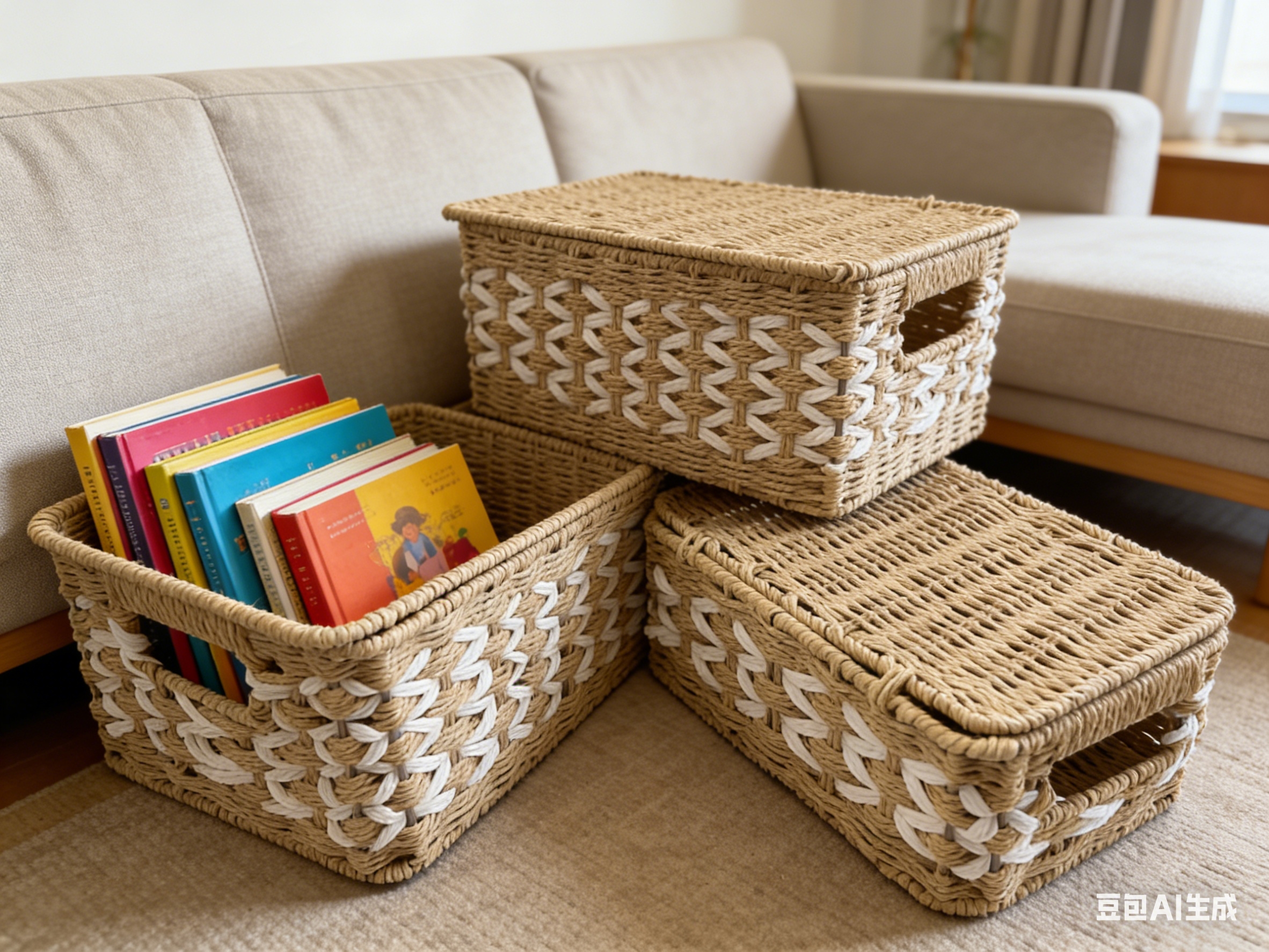 整理收纳篮纸绳编制玩具，书本零食置物篮收纳框带盖3件套
