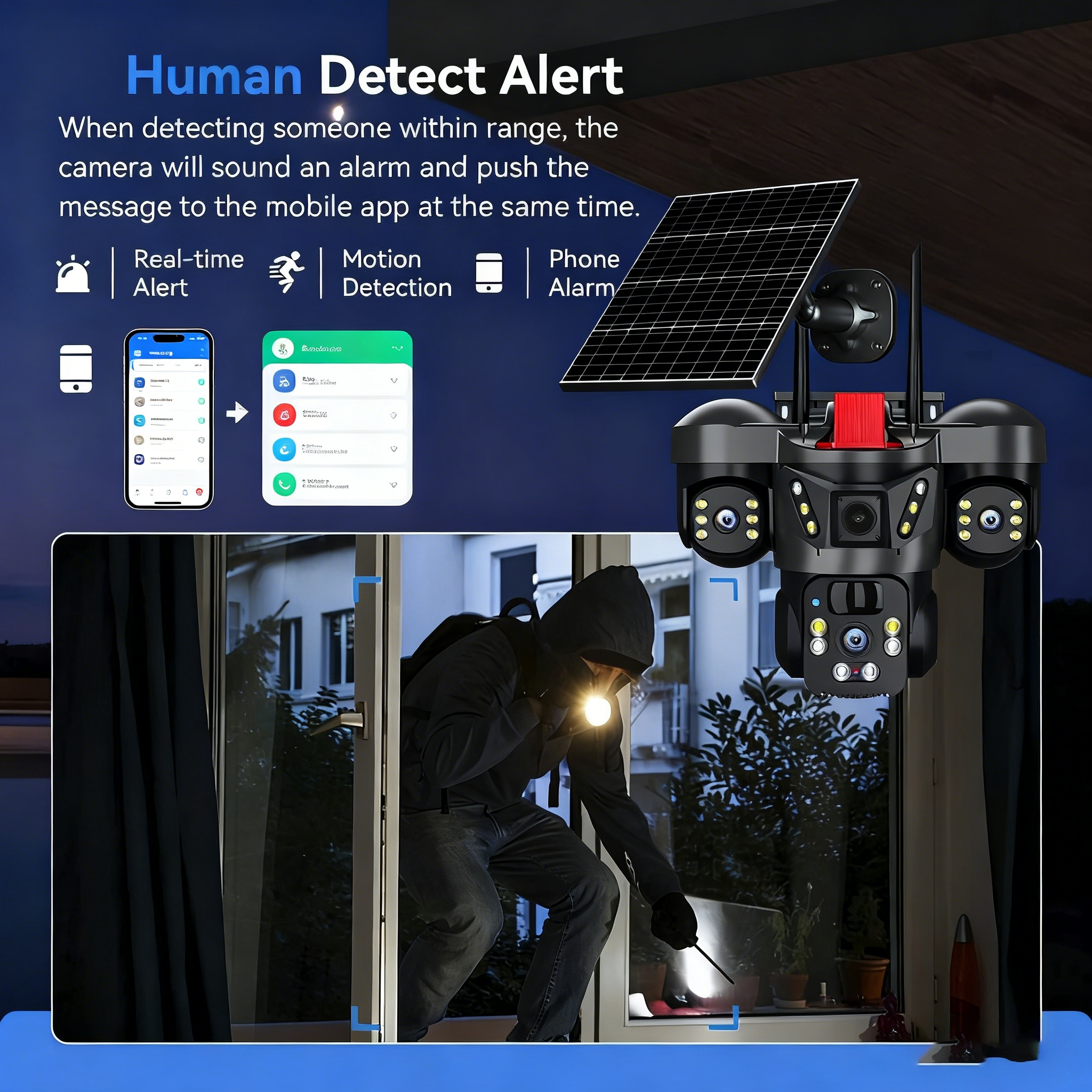 FOOZAC室外三摄像三画面太阳能监控，防雨，高能量转化细节图