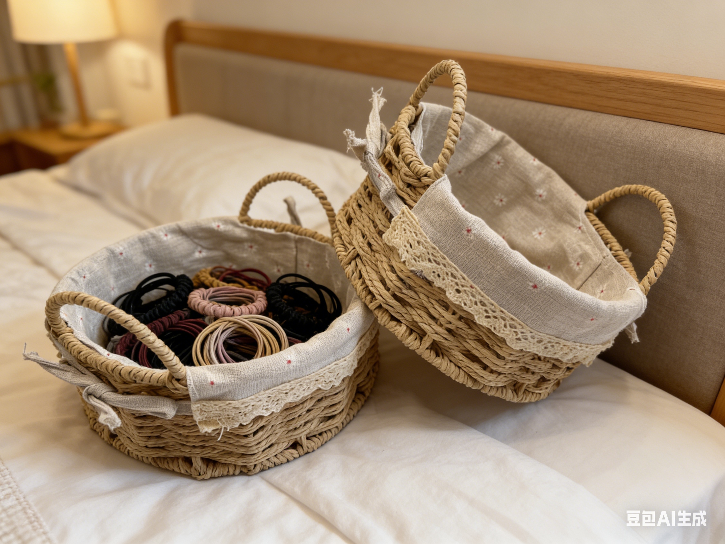 热销桌面整理收纳篮纸绳编制玩具，书本零食置物篮内衬布收纳框2件套