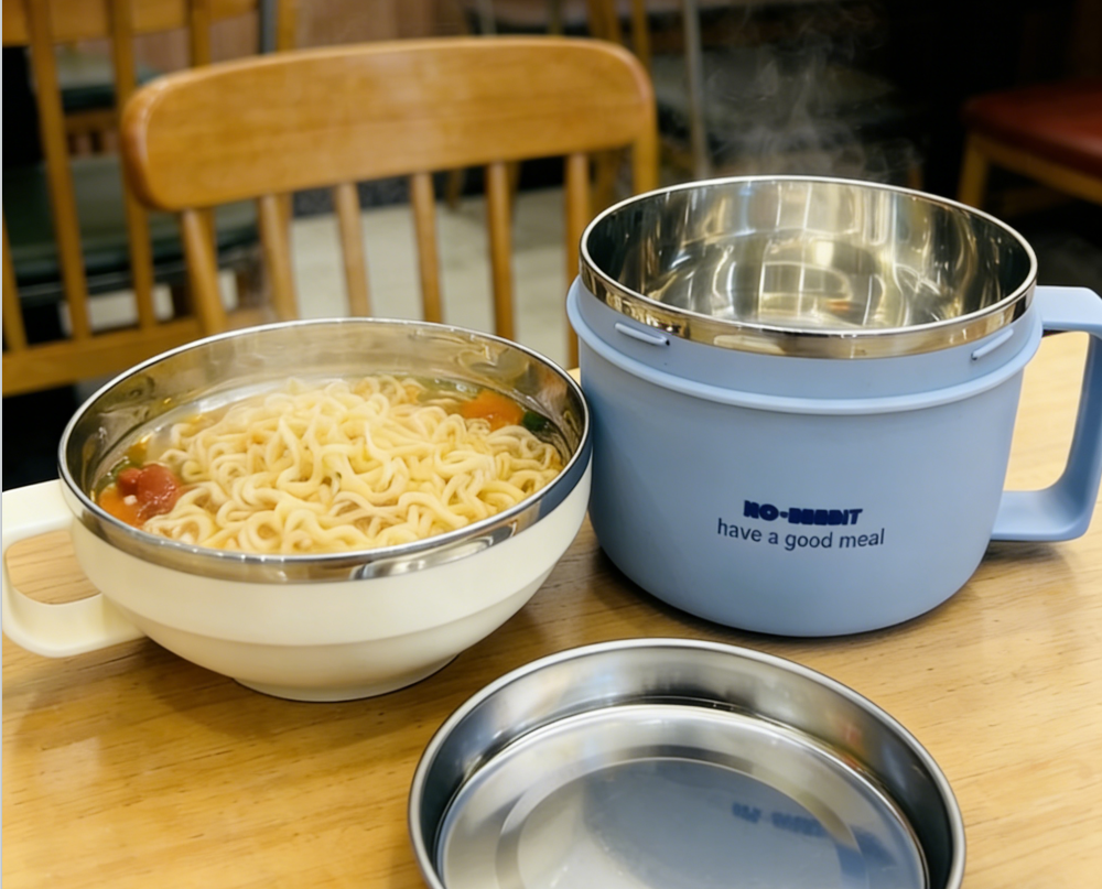 Instant noodle bowl with lid, stainless steel, insulated and large capacity for dormitory students, serving instant noodles in the cafeteria Application Scenario