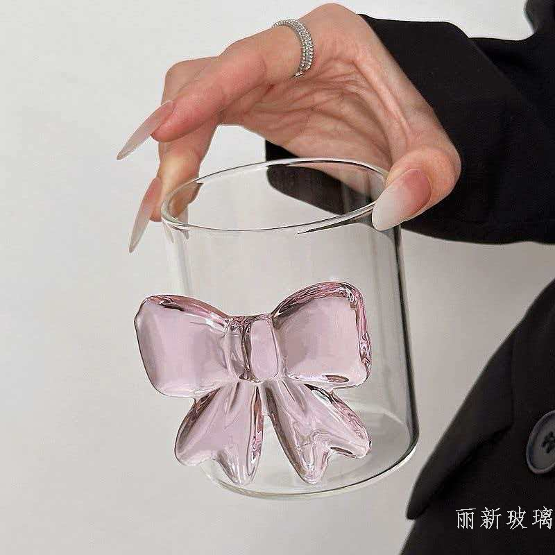粉色蝴蝶结玻璃杯ins风耐热高硼硅冷饮杯咖啡杯